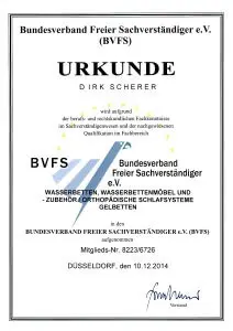 Urkunde Sachverständiger orthopädische Schlafsysteme Urkunde Sachverständiger orthopädische Schlafsysteme