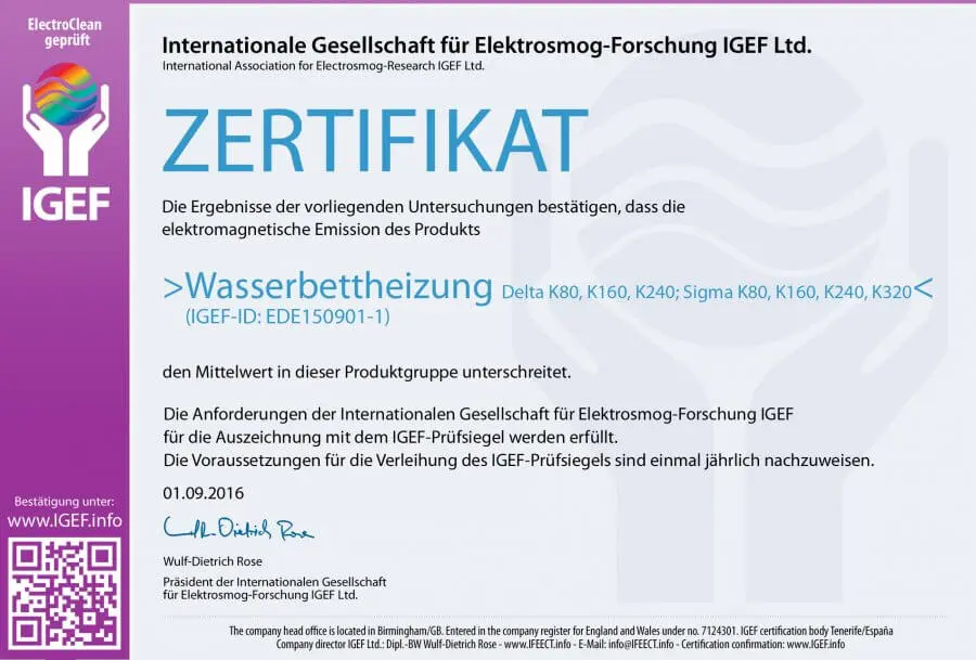Zertifikat Internationale Gesellschaft für Elektrosmog-Forschung IGEF Ltd.
