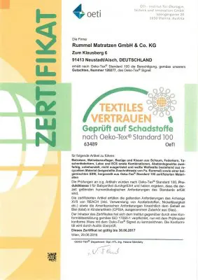 Oeko-Tex 100 Zertifikat von Rummel Neustadt (Aisch)